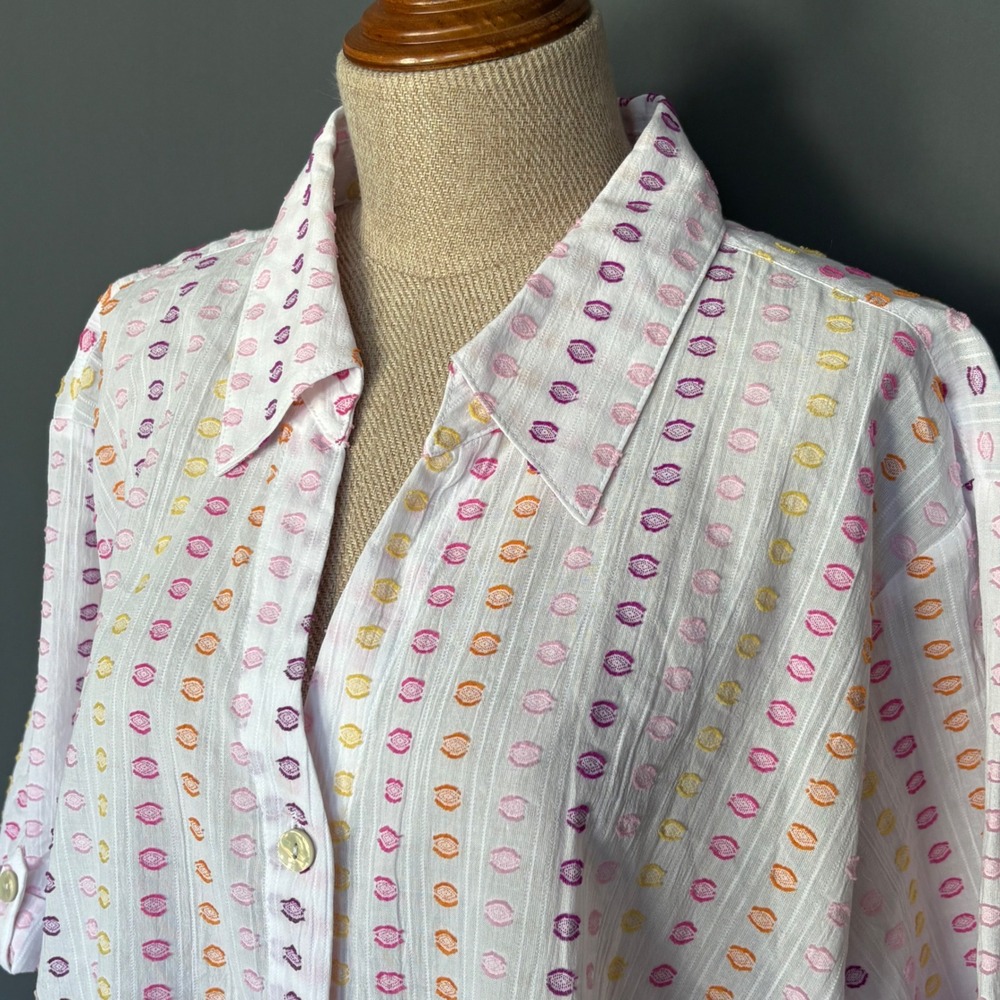 Alfred Dunner Embroidered Dot Shirt | Size 2X | Colorful White Cotton